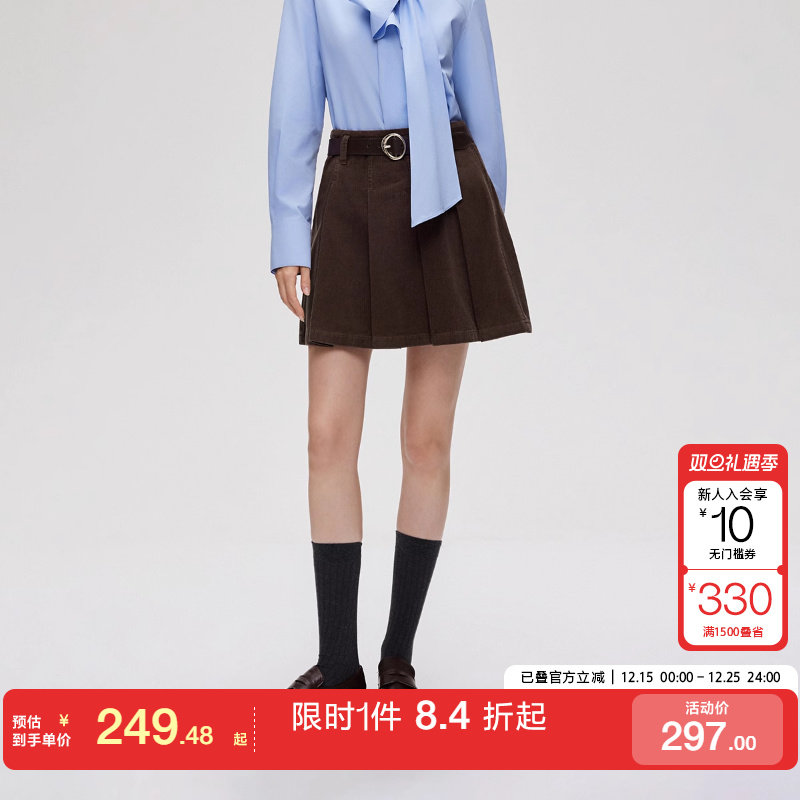 绫致ONLY2025秋季新款复古显瘦条绒百褶短裙牛仔半身裙女