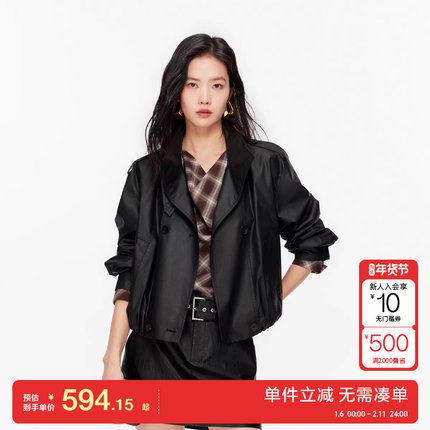 绫致Vero Moda夹克女2026春季新款纯棉双排扣风衣式可拆领袢肩章