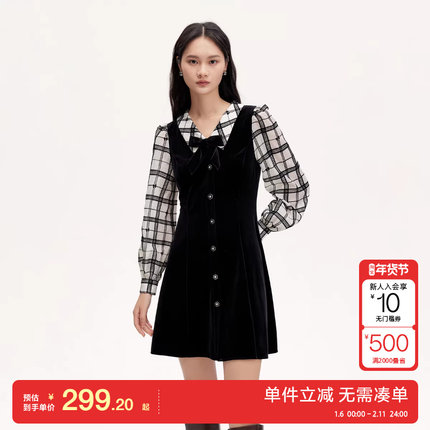 绫致Vero Moda连衣裙秋冬新拼接格纹蝴蝶结收腰A字丝绒连衣裙