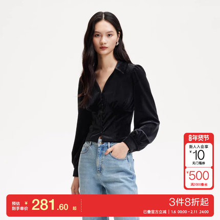 v区绫致Vero Moda衬衫女2025秋季丝绒翻领泡泡袖时尚气质百搭