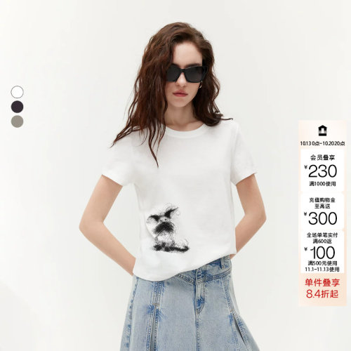 绫致ONLY2026夏季新款舒适正肩圆领潦草小狗印花T恤上衣女