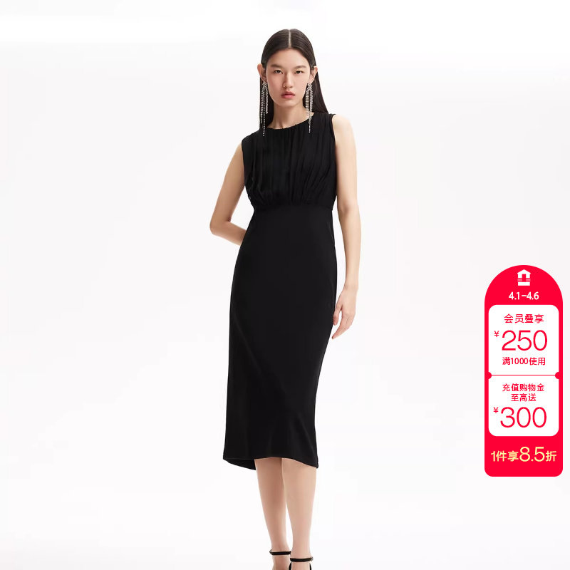 绫致Vero Moda连衣裙夏季网纱拼接裙摆开衩收腰无袖小黑裙