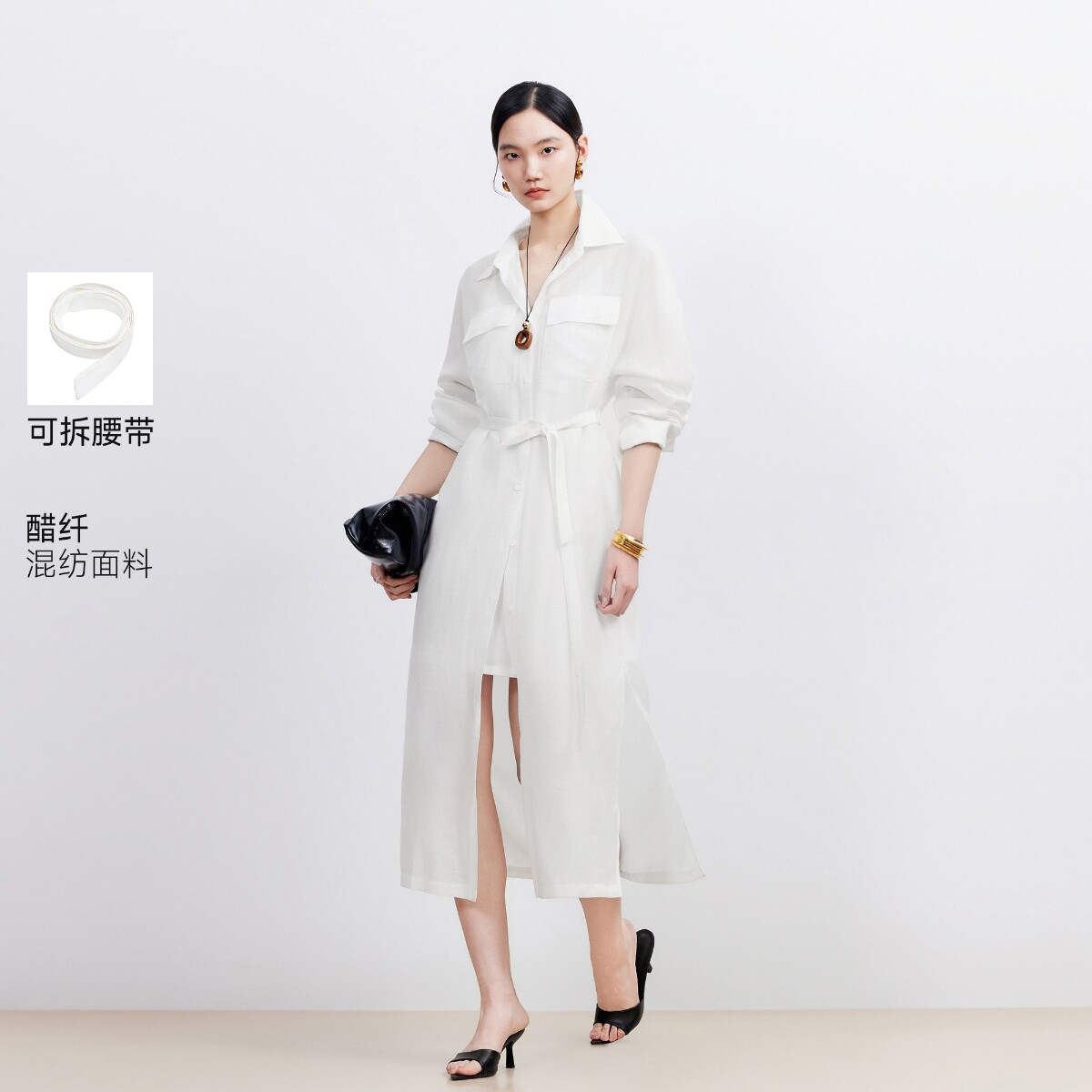 绫致Vero Moda连衣裙2026夏含醋纤可拆卸腰带衬衫长裙时尚图片