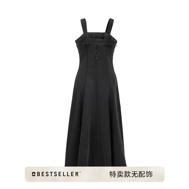 [特卖无配饰]绫致ONLY秋冬新款潮酷PU拼接肩带中长款牛仔裙连衣裙