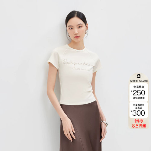 绫致Vero ModaT恤女2026夏季新款烫钻字母插肩袖修身短款上衣