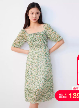 tq区绫致Vero Moda连衣裙秋冬法式花朵闪线方领泡泡袖时尚