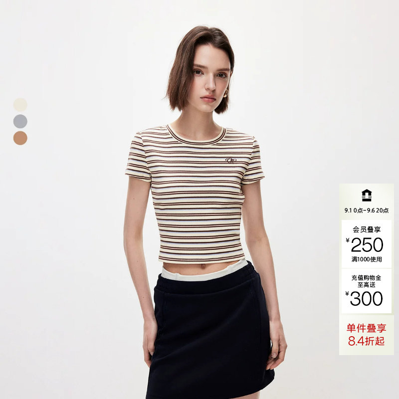 绫致ONLY2026春季新款甜美简约显瘦条纹正肩短款短袖T恤女图片