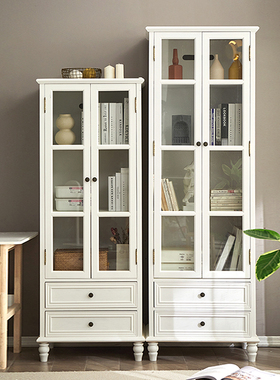 美式书柜全实木带玻璃门置物架现代简约落地客厅书房靠墙一体书柜