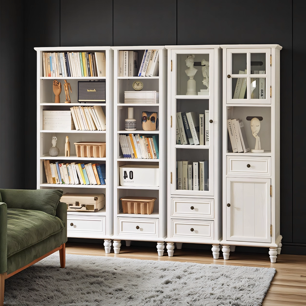 现代简约美式书柜全实木带玻璃门置物架落地客厅书房靠墙展示书柜