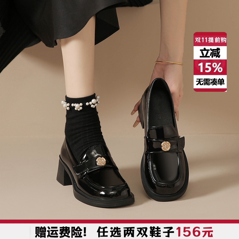 2025新款春秋英伦小皮鞋女jk高跟鞋黑色乐福鞋粗跟单鞋大码41到43