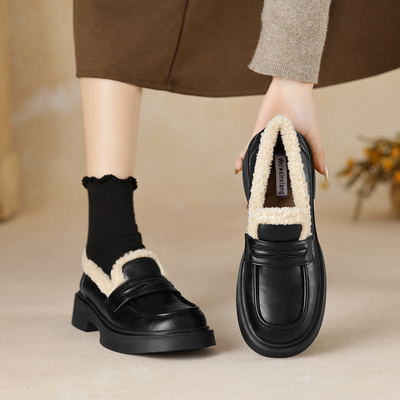 加绒乐福鞋女2025新款秋冬黑色英伦风小皮鞋女冬季厚底大码41到43