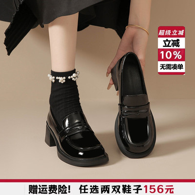 英伦风小皮鞋高跟配裙子乐福鞋