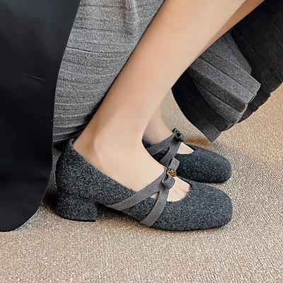 【免费试穿】气质毛呢玛丽珍女鞋