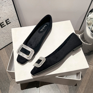 法式尖头加绒单鞋女2025新款冬季鞋子水钻黑色女士气质平底豆豆鞋