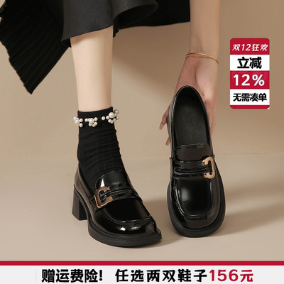 2025新款英伦小皮鞋女配裙子高跟鞋黑色乐福鞋粗跟单鞋大码41到43