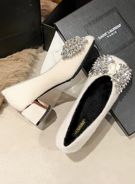 法式水钻加绒高跟鞋女冬季2025新款白色毛毛鞋晚晚鞋中跟粗跟单鞋