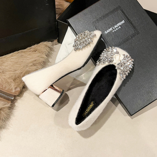 法式水钻加绒高跟鞋女冬季2025新款白色毛毛鞋晚晚鞋中跟粗跟单鞋