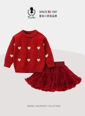 D.Bkyer女童套装冬毛衣红色tutu裙新年过年宝宝周岁生日衣服裙子