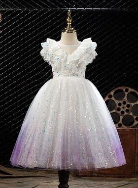 女童爱莎公主裙新款白色冰雪奇缘生日礼服高端儿童艾莎连衣纱裙子