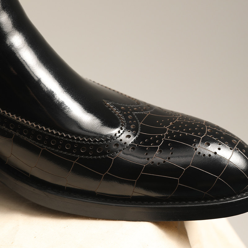 AAXFORY HANDMADE BROGUE COWHIDE MENS CHELSEA BOOTS PATENT LEATHER GLOSSY SLEEVE HIGH-TOP LEATHER SHOES BRITISH STYLE