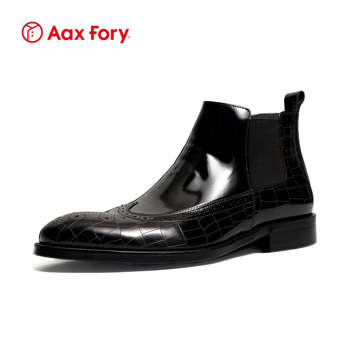 AAXFORY HANDMADE BROGUE COWHIDE MENS CHELSEA BOOTS PATENT LEATHER GLOSSY SLEEVE HIGH-TOP LEATHER SHOES BRITISH STYLE
