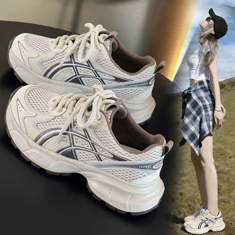真皮厚底老爹鞋女款2026新款百搭不累脚运动鞋子网面透气休闲春夏
