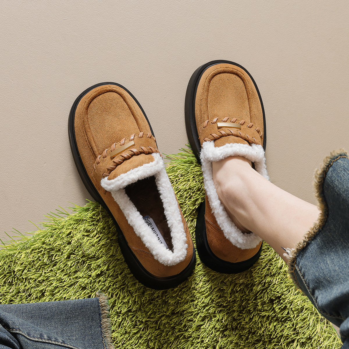 法式加绒小皮鞋女厚底冬季乐福鞋