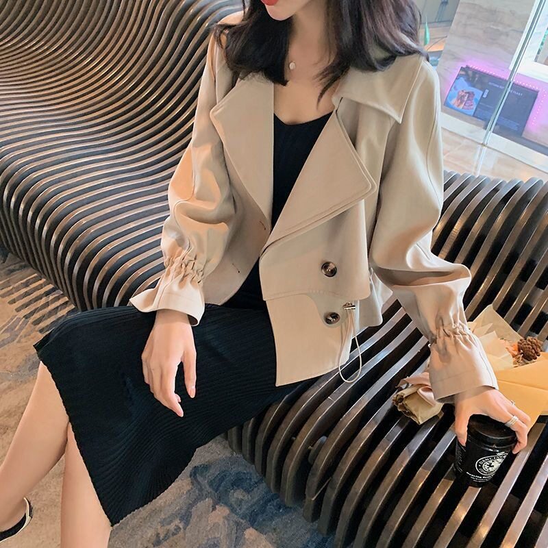 小个子短款风衣女2026秋季韩版西装领宽松收腰卡其色百搭短外套女