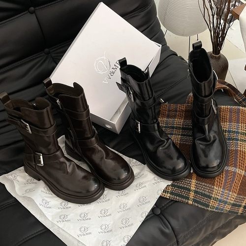 VV&MR真皮皮带扣侧拉链骑士靴0998