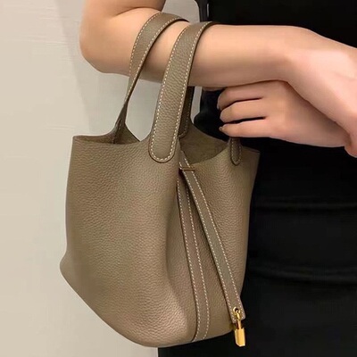 HARRIS SALOME 金扣牛皮菜蓝子水桶包篮菜包女通勤包牛皮手提挎包