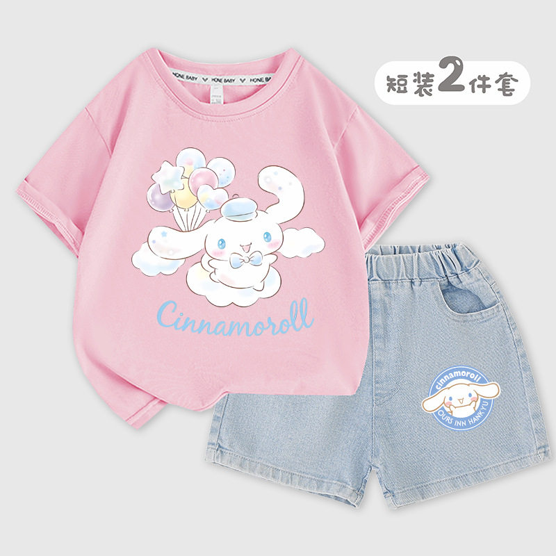 玉桂狗衣服短袖女童牛仔短裤套装大耳狗洋气半袖印花上衣童两件套