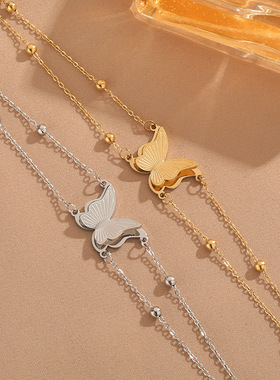 欧美跨境双层不锈钢蝴蝶手链简约女生磨砂蝴蝶项链球体钛钢百搭