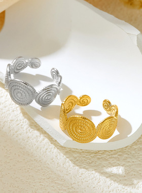 跨境流行圆形螺纹钛钢戒指女个性嘻哈开口调节不锈钢螺旋戒指