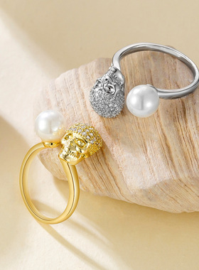 欧美复古风微镶满钻骷髅头珍珠开口戒指感气质可调节指环饰品