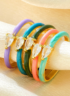 跨境爆款彩色滴油个性镶嵌水滴型白色锆石开口戒指 可调节均码女