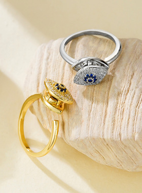 跨境新品个性创意恶魔之眼旋转戒指蓝眼睛食指女戒欧美缓解焦虑戒