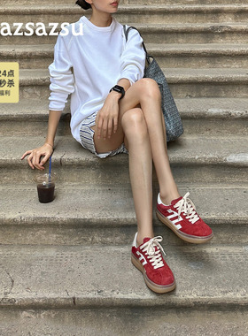 [明星同款]莎莎苏春夏新款马卡龙增高百搭休闲鞋红色运动德训鞋女