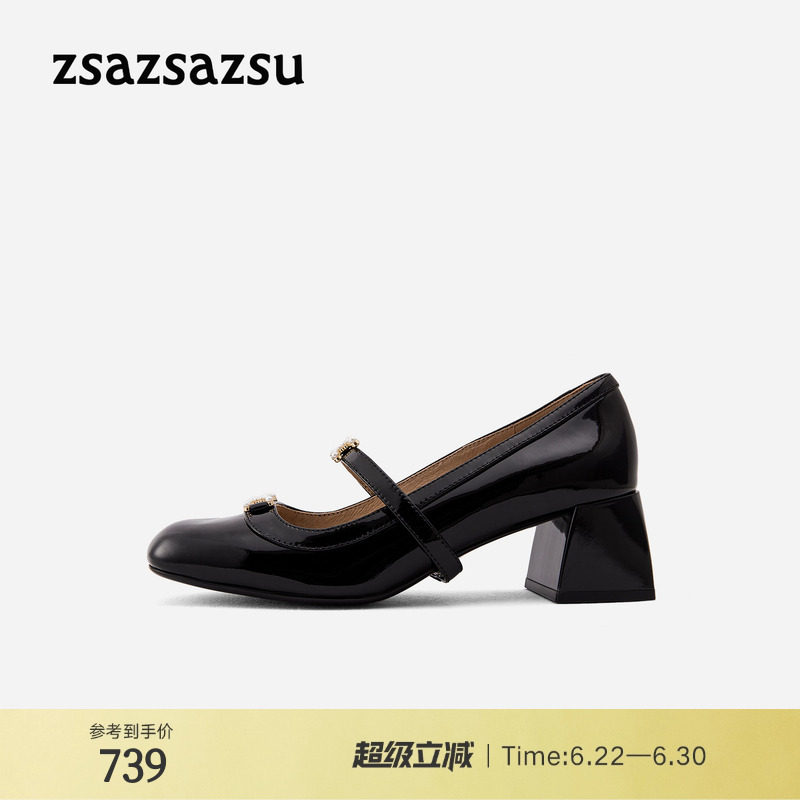 [桃花运]莎莎苏2026春新款方头中粗跟法式玛丽珍鞋黑色小香风单鞋