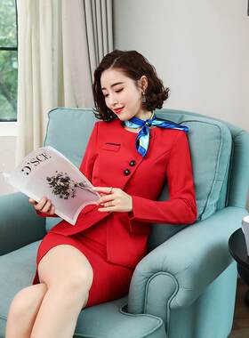 大红空姐制服职业套装女式春秋新款长袖军鼓腰鼓服装表演服装大码