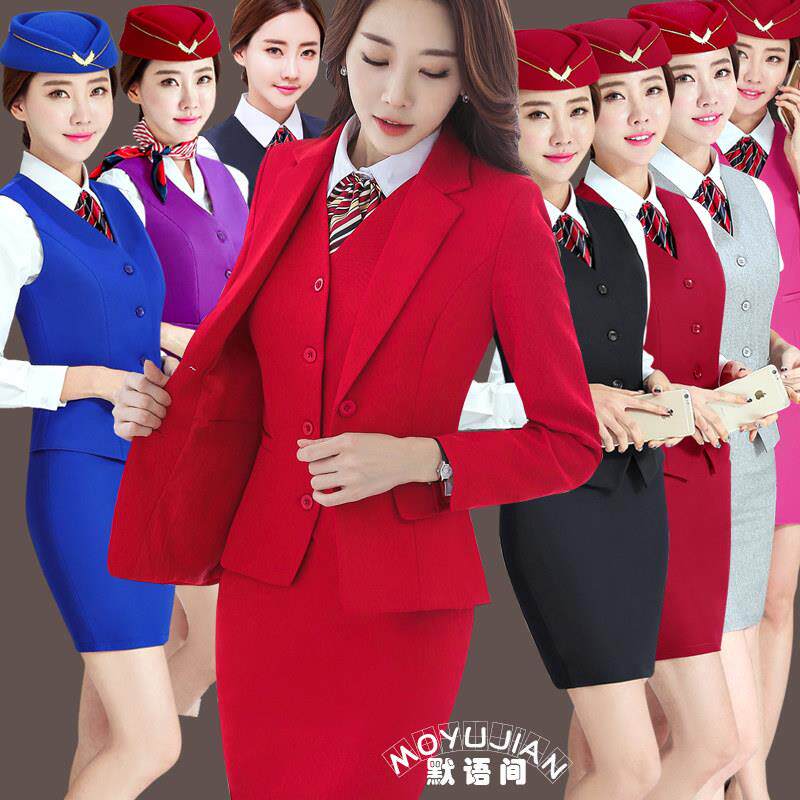 空姐风红色西装套装 女职业制服 高端航空风格西装连裙