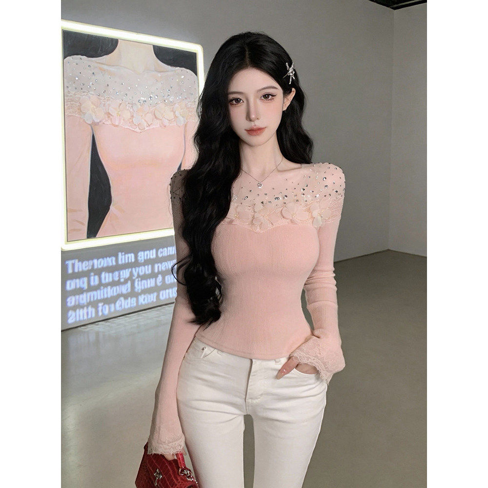 绝美巨好看的网纱镶钻长袖针织衫女纯欲风上衣修身打底衫女内搭,女装/女士精品,毛针织衫,淘宝优惠券,粉丝福利购,淘宝优惠卷