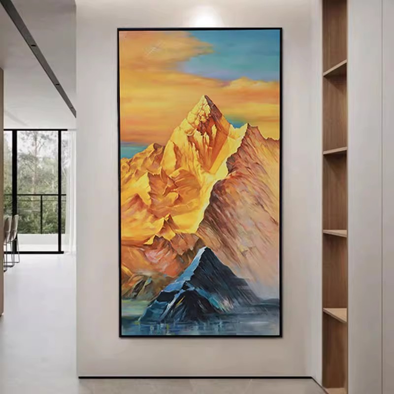 手绘油画日照金山玄关过道装饰画