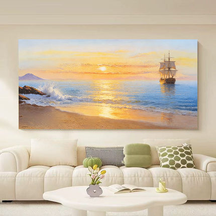 大芬村现代手绘油画海上日出客厅沙发背景装饰画立体帆船海景挂画