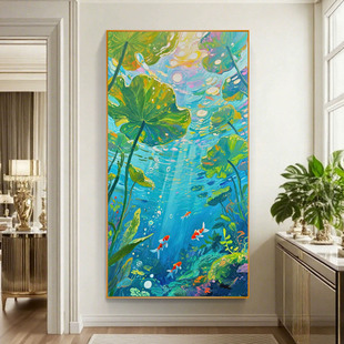 手绘油画夏日池荷客厅沙发装 现代玄关挂画荷花餐厅壁画 饰画新中式