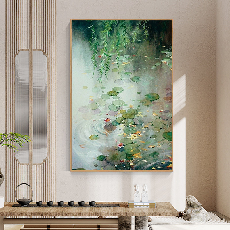 抽象睡莲纯手绘油画客厅池塘绿色柳树枝装饰画玄关水墨风荷叶挂画