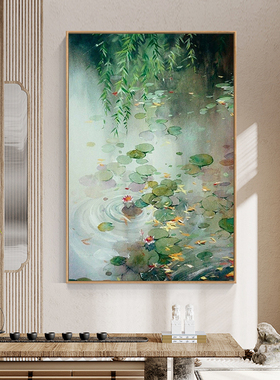 抽象睡莲纯手绘油画客厅池塘绿色柳树枝装饰画玄关水墨风荷叶挂画