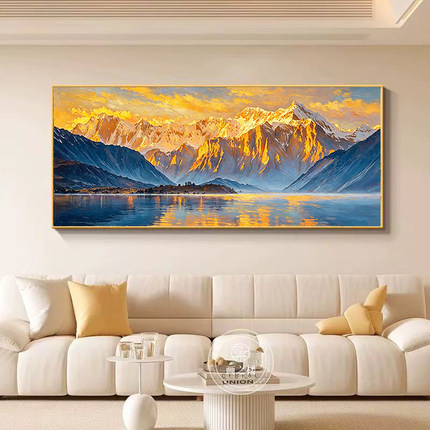 纯手绘油画日照金山客厅沙发背景墙装饰画现代轻奢横幅过道壁画