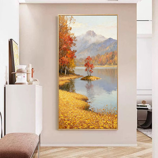 大芬村手绘油画秋湖枫屿客厅装 饰画 饰画山水风景壁画入户玄关装