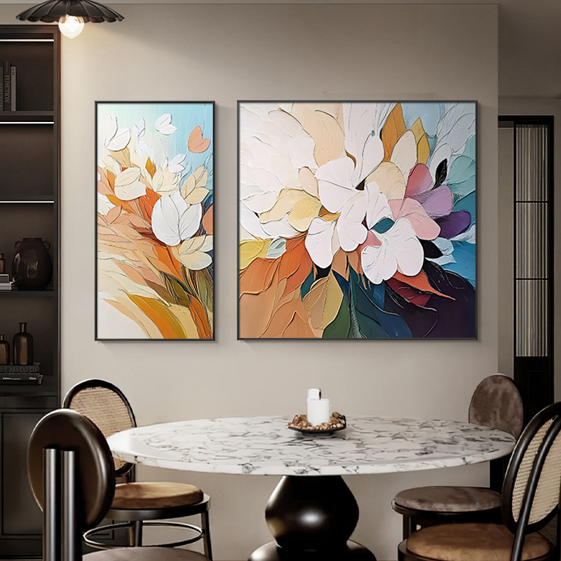 抽象花卉油画餐厅装饰画两联手绘大芬村肌理画彩色客厅背景墙挂画图片