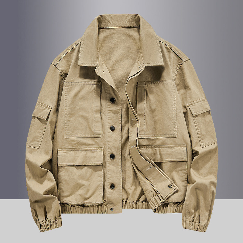 2025新款男士休闲外套春秋季加肥加大码潮流翻领工装多口袋夹克男